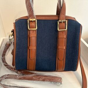 Denim and Brown Faux Leather Women's Crossbody Purse